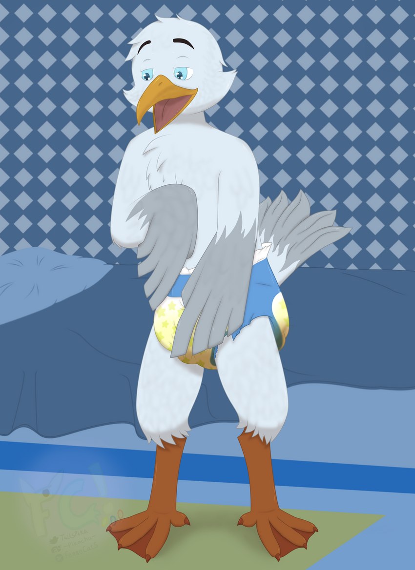 anthro beak bed bedroom blue_eyes bodily_fluids cheek_tuft chest_tuft clothed clothing diaper facial_tuft feathers feces furniture genital_fluids male scatplay soiled_diaper soiling solo squish tail tail_feathers tuft unclean_diaper urine used_diaper wearing_diaper wet_diaper wetting winged_arms wings fennecat avian bird gull lari larid absurd_res hi_res watermark