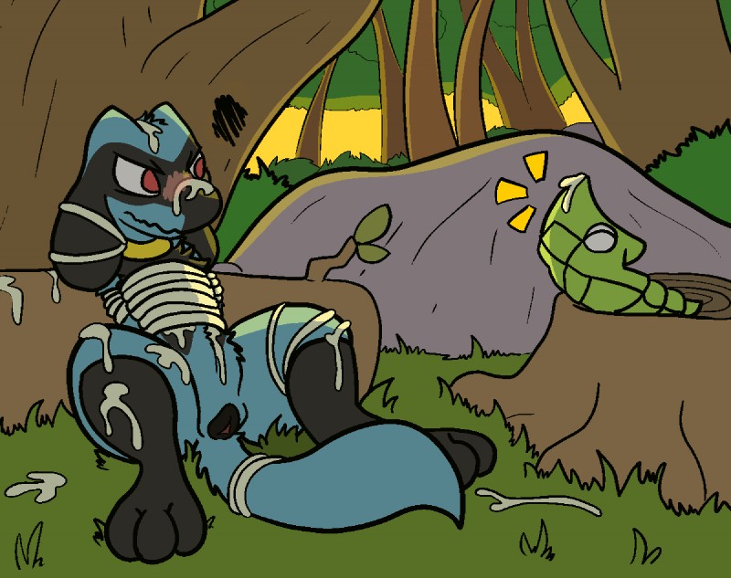 ambiguous_fluids ambiguous_gender animal_genitalia animal_vulva anthro bdsm blush bondage bound canine_genitalia canine_vulva detailed_background duo exposed female genitals messy nature nude outside vulva trout_(artist) nintendo pokemon generation_1_pokemon generation_4_pokemon metapod pokemon_(species) riolu 2017