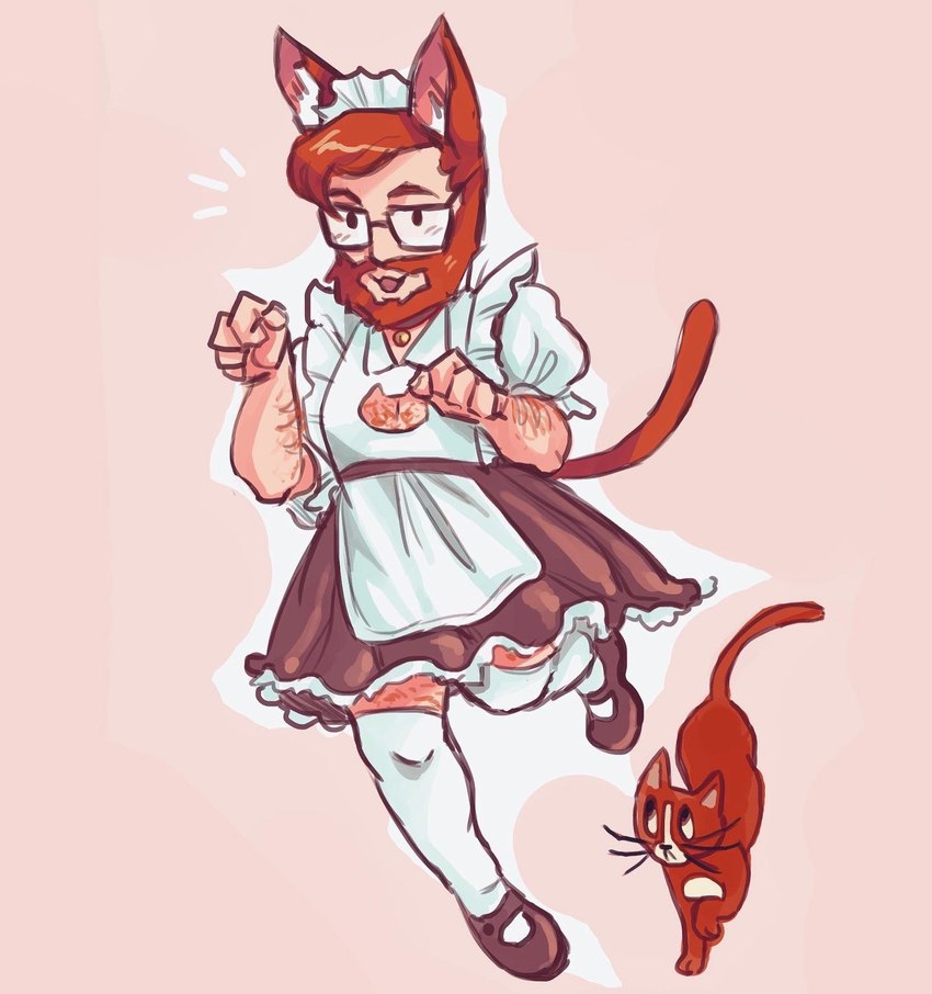 beard clothed clothing crossdressing duo eyewear facial_hair feral glasses hair legwear maid_uniform male orange_hair stockings tail uniform copperb1rd yiik:_a_postmodern_rpg alex_eggleston dali_(yiik) animal_humanoid cat_humanoid domestic_cat felid felid_humanoid feline feline_humanoid felis humanoid mammal mammal_humanoid hi_res