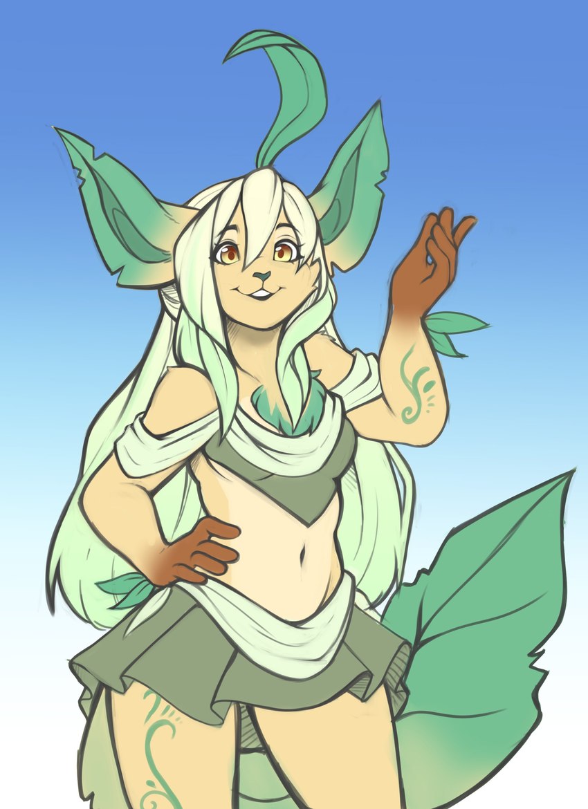 5_fingers alternate_species biped clothed clothing female fingers hand_on_hip humanoidized midriff navel pokemorph smile solo mocha-wing nintendo pokemon eeveelution generation_4_pokemon humanoid leafeon pokemon_(species) 2021 absurd_res hi_res