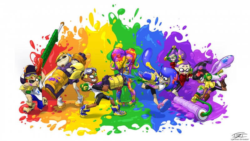 .52_gal boots clothing dark_body dark_skin eyewear fangs female footwear goggles group hair humanoid_pointy_ears male pointy_ears ponytail pseudo_hair shoes smile splat_bomb splat_charger splat_roller splatling splattershot teeth tentacle_hair tentacles text weapon hardtones nintendo splatoon animal_humanoid cephalopod cephalopod_humanoid humanoid inkling marine marine_humanoid mollusk mollusk_humanoid octarian octoling 16:9 2015 hi_res signature url widescreen