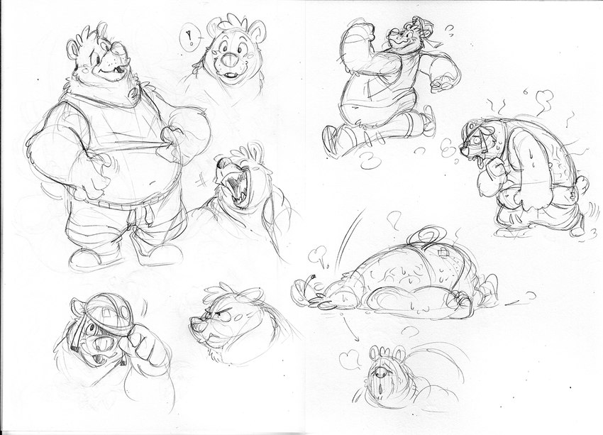 anthro armor belly big_belly bodily_fluids bottomwear clothing hard_hat headgear helmet lying male multiple_poses overweight overweight_male pants pose running shirt solo sweat topwear piti_yindee breeze_in_the_clouds pile_(breeze_in_the_clouds) american_black_bear bear black_bear kermode_bear mammal ursine concept_art monochrome sketch