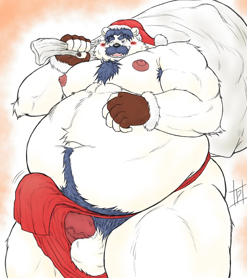 anthro asian_clothing balls belly big_belly black_nose blush christmas_clothing christmas_headwear clothing east_asian_clothing erection facial_hair fundoshi fur genitals hat headgear headwear holidays humanoid_hands japanese_clothing kemono loose_fundoshi male mature_male moobs mustache nipples one_eye_closed overweight overweight_male penis red_clothing red_fundoshi red_underwear santa_hat simple_background solo underwear white_body white_fur wink pochizizi christmas santa_claus bear mammal polar_bear ursine 2023 hi_res