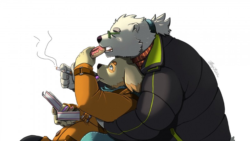 anthro belly dessert doughnut duo eating eyes_closed eyewear food fur glasses hug male overweight overweight_male pastry sitting white_body white_fur henjikotetsu lifewonders tokyo_afterschool_summoners cu_sith_(tas) leib_(tas) bear canid canine canis domestic_dog mammal polar_bear ursine 16:9 2018 hi_res widescreen