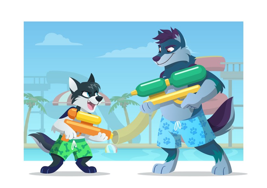 amusement_park anthro ball beach_ball blue_bottomwear blue_clothing blue_shorts bottomwear clothing duo green_bottomwear green_clothing green_shorts inflatable male open_mouth palm_tree plant poolside shorts slide smile smirk swimwear toy toy_gun tree water water_gun water_park water_slide zukitz colby_(husky) yukon canid canine canis domestic_dog husky mammal nordic_sled_dog spitz wolf hi_res