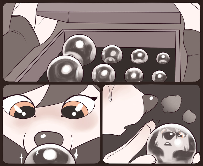 anthro biped bodily_fluids female metal_balls orange_eyes reflection sex_toy solo sparkles sweat wick_(artist) joel_(wick) canid canine canis domestic_dog korean_jindo mammal spitz 2020 digital_media_(artwork) hi_res