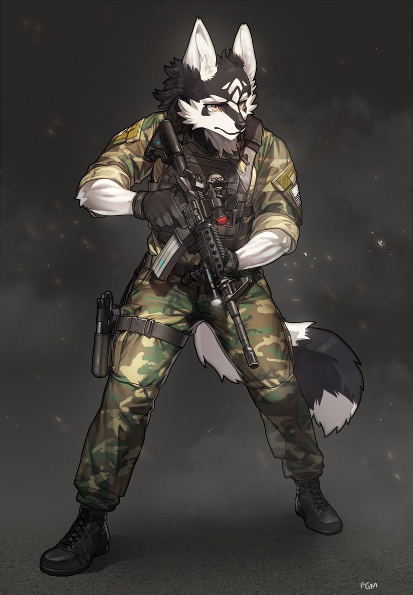 american_flag anthro arm_tuft assault_rifle black_body black_fur boots bottomwear bulletproof_vest camo camo_print clothed clothing elbow_tuft eyebrows eyelashes flashlight footwear fully_clothed fur gloves gun handgun handwear holster inner_ear_fluff m4a1 male pants pistol ranged_weapon rifle scope shoes solo tan_eyes tuft united_states_of_america weapon white_body white_fur pgm300 okami_(okamisenpai) canid canine canis mammal wolf 2022 absurd_res digital_media_(artwork) hi_res shaded