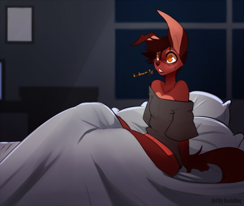 anthro bare_shoulders bed big_eyes biped blush bodily_fluids bottomless clothed clothing female fur furniture inside open_mouth orange_eyes pillow red_body red_fur sitting solo sweat sweatdrop text geekidog nameless_bottom_bitch canid canine mammal 2016 digital_media_(artwork) english_text