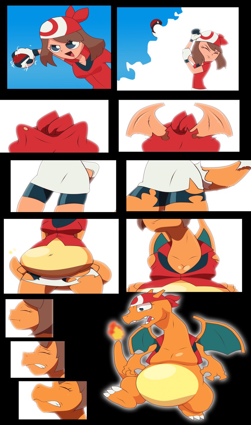 blue_eyes breasts brown_hair cleavage clothed clothing female feral fire flaming_tail grey_eyes growth hair holding_object holding_pokeball multiple_panel open_mouth pokeball sharp_teeth solo species_transformation surprised_expression tail tail_growth teeth transformation wing_growth wings toongrowner nintendo pokemon may_(pokemon) charizard generation_1_pokemon human mammal pokemon_(species) 2020 absurd_res comic digital_drawing_(artwork) digital_media_(artwork) hi_res sequence