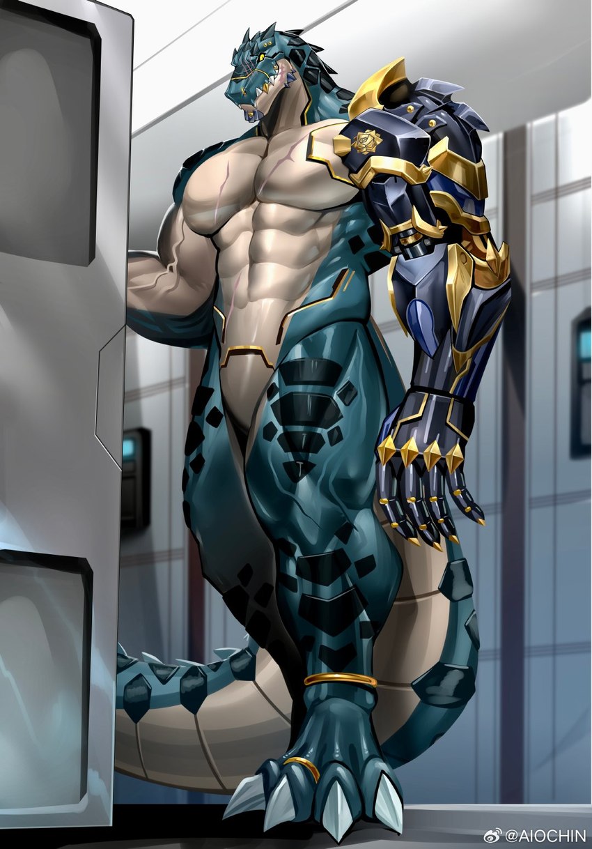 4_toes abdominal_scar abs anthro black_body black_scales chest_scar claws countershade_torso countershading cybernetic_arm cybernetic_limb digit_ring facial_spikes featureless_crotch feet gold_(metal) gold_tooth green_body green_scales head_spines jewelry looking_at_viewer low-angle_view male muscular muscular_anthro muscular_male obliques pecs ring scales scar solo spikes spikes_(anatomy) tan_body tan_scales toe_claws toe_ring toes vein veiny_muscles weibo_logo yellow_sclera saft weibo ryuichi_arasaka alligator alligatorid crocodilian reptile scalie 2024 hi_res