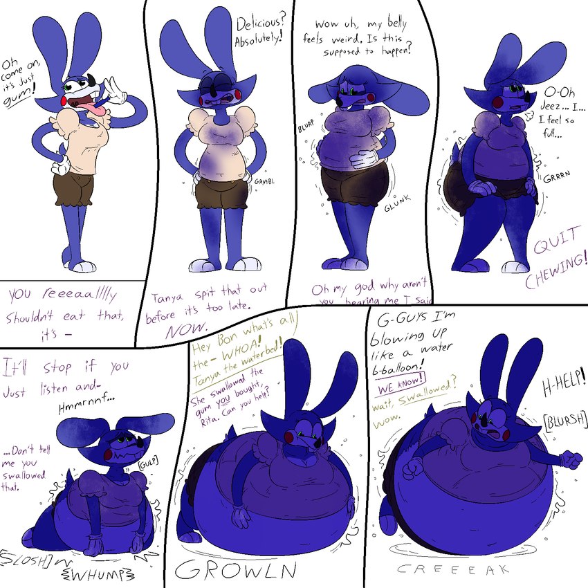 3_toes 4_fingers anthro barefoot blue_body blue_clothing blue_countershading blue_ears blue_eyes blue_fur blue_gloves blue_handwear blue_tail blue_teeth blue_text blue_tuft blueberry_inflation bodily_noises buckteeth candy chewing chewing_gum clothed clothed_anthro clothed_female clothing color_coded_text countershading creaking dessert dialogue expansion_sound_effect feet female female_anthro fingers food fur gloves gum handwear inflation name_in_dialogue offscreen_character pie_cut_eyes purple_text rumbling_stomach scut_tail short_tail simple_background slosh solo sound_effects spherical_inflation tail talking_to_another teeth text toeless_(marking) toes toony tuft white_background white_clothing white_gloves white_handwear yellow_text thatoneaceguy tanya_granger lagomorph leporid mammal rabbit 1:1 2020 colored comic digital_drawing_(artwork) digital_media_(artwork) english_text hi_res