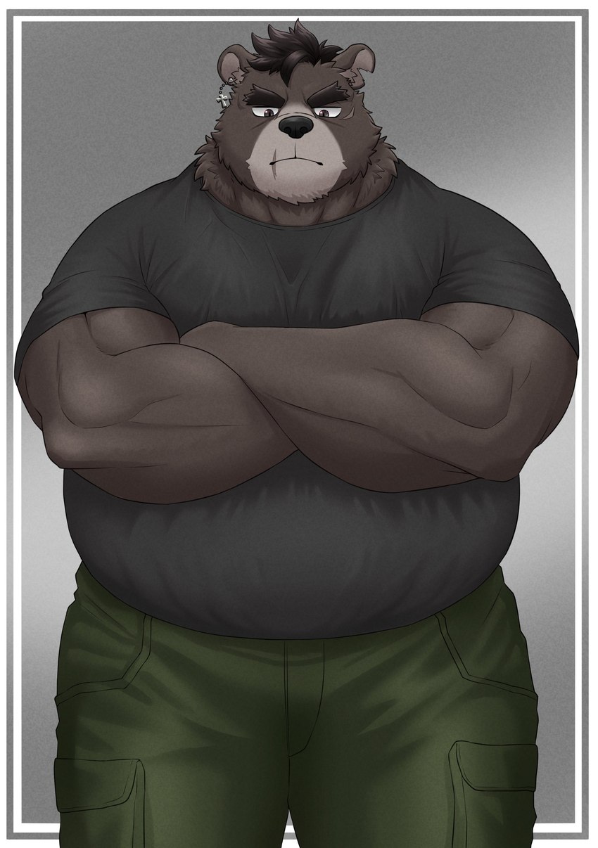 anthro belly big_belly black_nose brown_body kemono male musclegut muscular overweight overweight_male scar solo shillon0610 bear mammal 2023 absurd_res hi_res