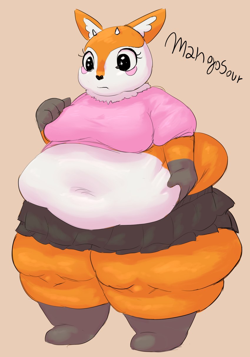 anthro belly big_belly big_breasts black_eyes black_nose blush blush_stickers bottomwear breasts clothing eyelashes female footwear frown grey_body heart_nose heart_symbol holding_belly horn huge_belly huge_thighs hyper hyper_belly hyper_thighs looking_down_at_self morbidly_obese morbidly_obese_anthro morbidly_obese_female multicolored_body multicolored_ears obese obese_anthro obese_female orange_body orange_ears overweight overweight_anthro overweight_female pink_clothing pink_topwear simple_background skirt solo standing tan_background text thick_thighs topwear two_tone_ears white_body white_ears white_horn mangosour aggretsuko sanrio tsunoda_(aggretsuko) antelope bovid gazelle mammal thomson's_gazelle true_antelope 2025 absurd_res artist_name digital_media_(artwork) hi_res