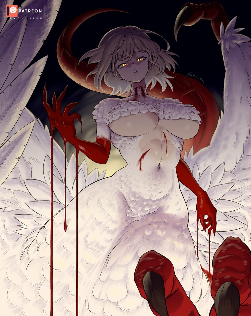 5_fingers big_breasts black_toes blonde_eyebrows blonde_hair blood blood_drip blood_on_arm bodily_fluids breasts claws dripping eyebrows feathered_wings feathers feet female female_taur fingers front_view glowing glowing_eyes hair light long_hair looking_at_viewer navel patreon_logo pupils red_body red_scales red_tail scales sharp_fingers slit_pupils small_upper_body solo spread_wings tail teeth text toe_claws toes white_body white_feathers white_text white_wings wings wounded yellow_eyes yoru_dan delicious_in_dungeon mythology patreon falin_touden dragon dragon_taur feathered_dragon feathered_scalie humanoid_taur mythological_creature mythological_scalie scalie taur 2024 absurd_res english_text hi_res lighting shaded signature