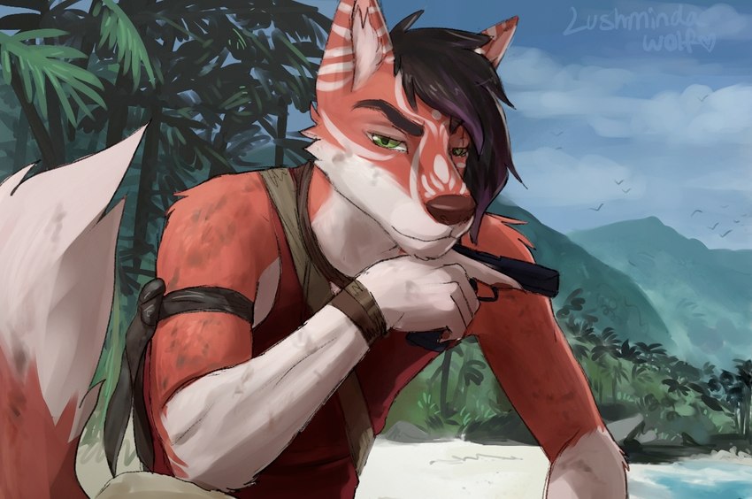 anthro armband beach bracelet clothing cloud eyebrows fur gloves_(marking) green_eyes gun hair handgun island jewelry looking_at_viewer male male_anthro markings mountain orange_body orange_fur outside plant ranged_weapon sky solo tail tree water weapon white_body white_fur lushminda far_cry far_cry_3 ubisoft vaas_montenegro canid canine fox mammal signature