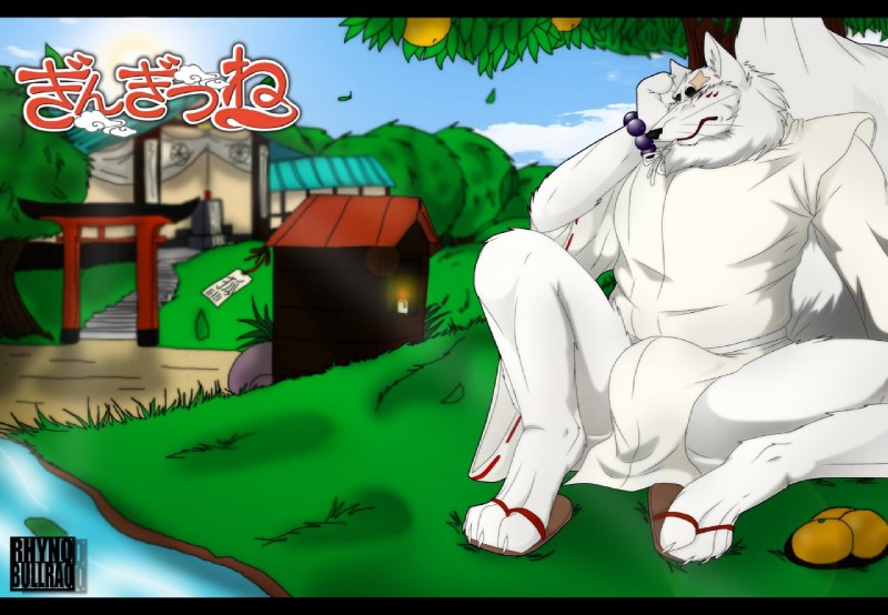 anthro big_tail biped bracelet bulge clothed clothing footwear fully_clothed fur grass jewelry male mane outside plant sandals shoes sitting solo tail text water white_body white_clothing white_fur rhynobullraq gingitsune gintaro canid canine fox mammal 2013 english_text japanese_text