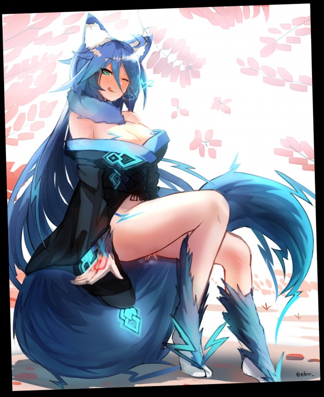 asian_clothing big_breasts big_tail blue_hair blue_markings bodily_fluids breast_markings breasts breath cleavage clothed clothing duo east_asian_clothing electricity female fluffy fluffy_tail footwear genital_fluids glowing green_eyes hair hair_between_eyes heart_symbol inner_ear_fluff japanese_clothing kimono leg_markings legwear licking licking_lips light_body light_skin long_hair looking_at_viewer markings monster_girl_(genre) no_underwear one_eye_closed outside partially_clothed pupils sitting sitting_on_tail slit_pupils socks steam tabi_socks tail tongue tongue_out tuft vaginal_fluids wink ehrrr asian_mythology east_asian_mythology japanese_mythology monster_girl_encyclopedia mythology raiju_(mge) animal_humanoid humanoid mammal raiju yokai absurd_res hi_res