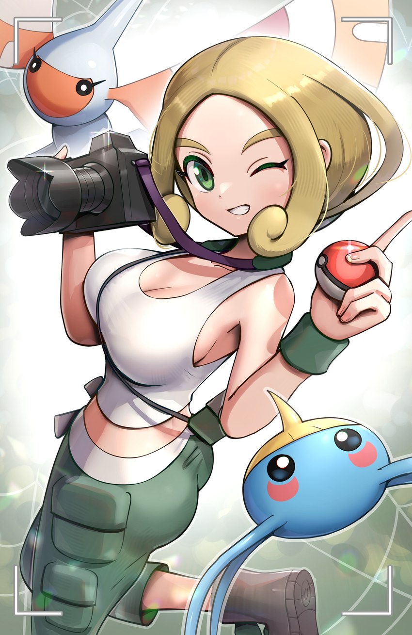 ambiguous_gender big_breasts big_butt blush breasts butt clothed clothing female green_eyes group gym_leader one_eye_closed pokeball gonzarez1938 game_freak nintendo pokemon viola_(pokemon) generation_3_pokemon human mammal masquerain pokemon_(species) surskit 2022 absurd_res hi_res