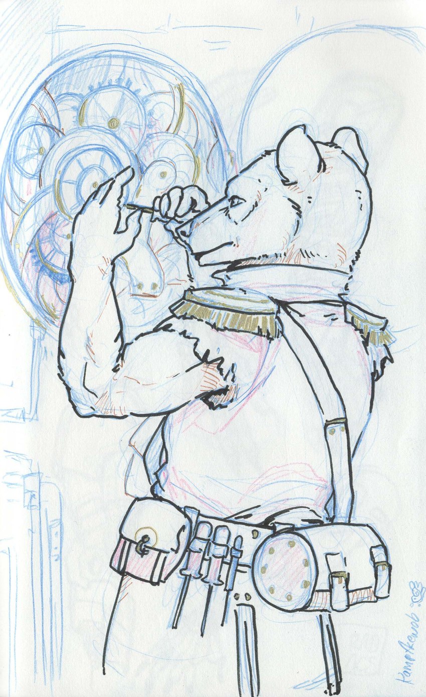 cogs gear male mechanic solo kampfkewob nafeon bear mammal absurd_res hi_res sketch_page traditional_media_(artwork)