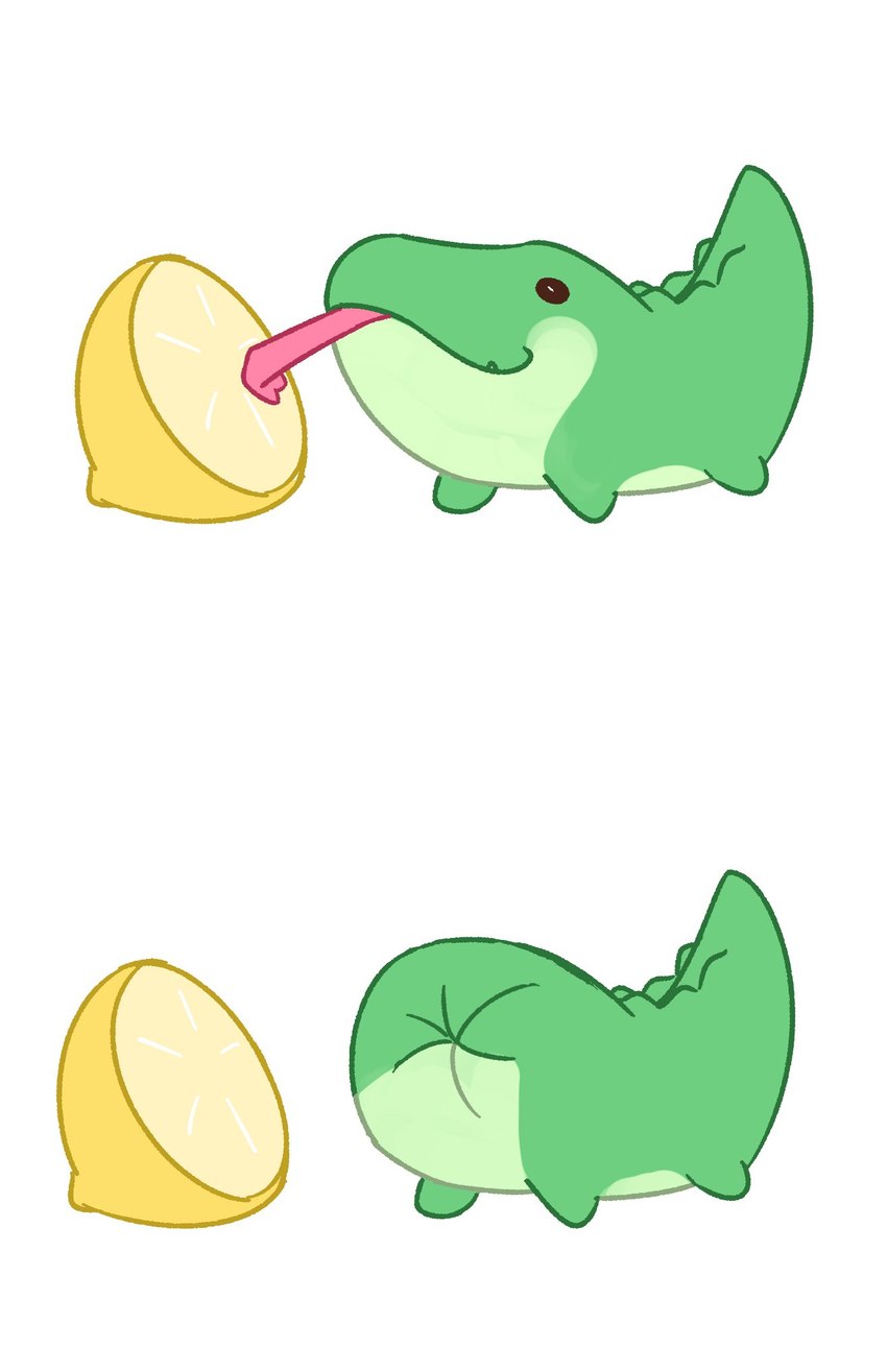 ambiguous_gender chibi dot_eyes feet feral food fruit green_body green_scales lemon licking plant puckered_lips quadruped scales simple_background simple_eyes solo sour_face standing tail tongue tongue_out toony white_background cenocrocodile thour_(meme) vtuber crocodile crocodilian reptile scalie 2024 flat_colors hi_res meme meme_origin