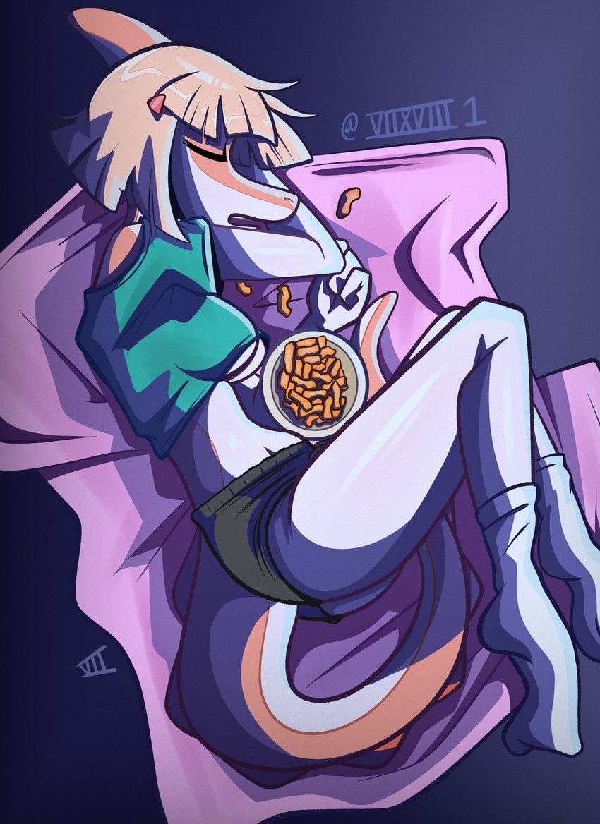 accidental_flashing anthro blonde_hair bottomwear breasts cheese_puffs clothed clothing crop_top eyes_closed female fingers food footwear hair long_tail lying midriff multicolored_body multicolored_scales on_side open_mouth orange_body orange_scales pink_body pink_scales scales shirt short_hair shorts simple_background skimpy sleeping snout socks solo spikes spikes_(anatomy) tail topwear two_tone_body two_tone_scales under_boob seven_(artist) cavemanon_studios goodbye_volcano_high snoot_game naomi_(gvh) dinosaur hadrosaurid ornithischian ornithopod parasaurolophus prehistoric_species reptile scalie 2023 absurd_res artist_name digital_drawing_(artwork) digital_media_(artwork) hi_res watermark