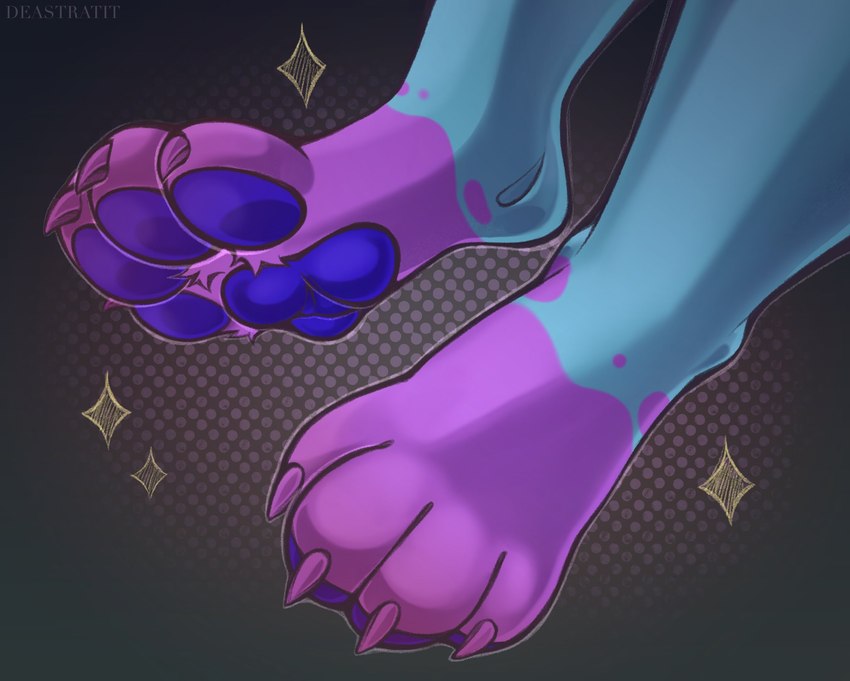 anthro blue_pawpads blue_paws claws close-up feet foot_focus fur male multicolored_paws pawpads paws pink_paws purple_body purple_fur soles solo sparkles stippling teal_body teal_fur deastratit pixel_(pixel_axo) amphibian axolotl marine mole_salamander salamander hi_res