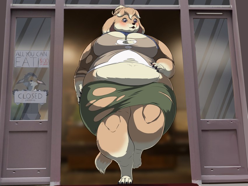 after_eating anthro behind_glass belly big_belly big_breasts breasts brown_body clothed clothing currency_amount currency_symbol detailed_background digitigrade dollar_sign duo female female_focus fur glass holding_object holding_sign number overweight overweight_female price price_rate raised_foot rate restaurant short_snout sign snout solo_focus stuffing symbol thick_thighs tight_clothing undersized_clothing up_to_window walking window meanybeany canid canine canis domestic_dog fox mammal 2019 digital_media_(artwork)