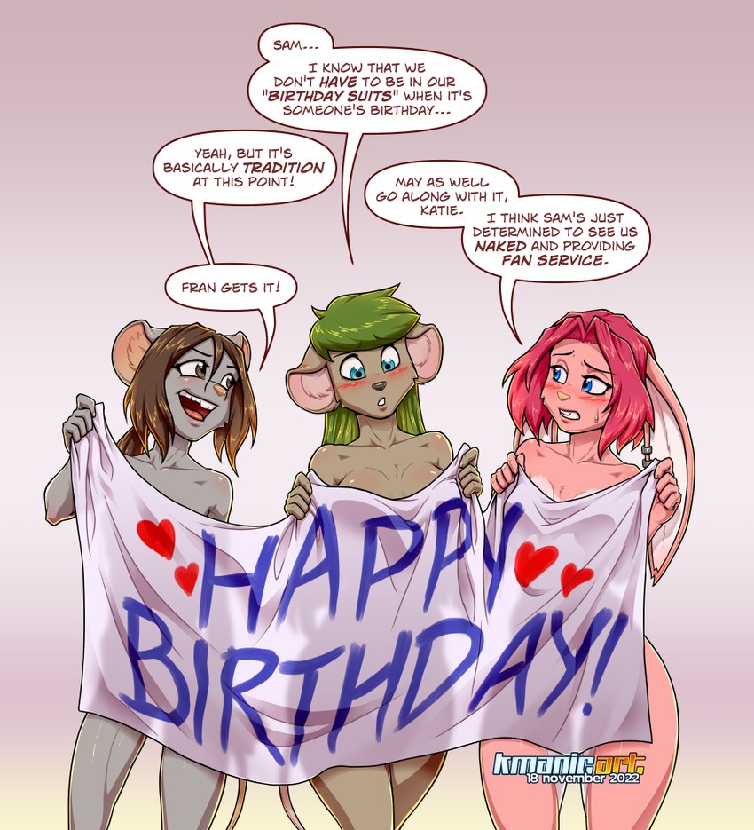 anthro birthday blush blush_lines bodily_fluids clenched_teeth convenient_censorship covering covering_self dialogue ear_piercing ear_ring ears_down female fur green_hair group hair half-closed_eyes happy_birthday heart_symbol holding_object looking_at_another looking_down narrowed_eyes nervous_sweat nude open_mouth piercing pink_body pink_fur pink_hair pivoted_ears ring_piercing silhouette speech_bubble standing sweat teeth text tongue trio wide_eyed keiron_white fran_cervice katie_tinson sam_rodoric lagomorph leporid mammal mouse murid murine rabbit rodent 2022 english_text signature