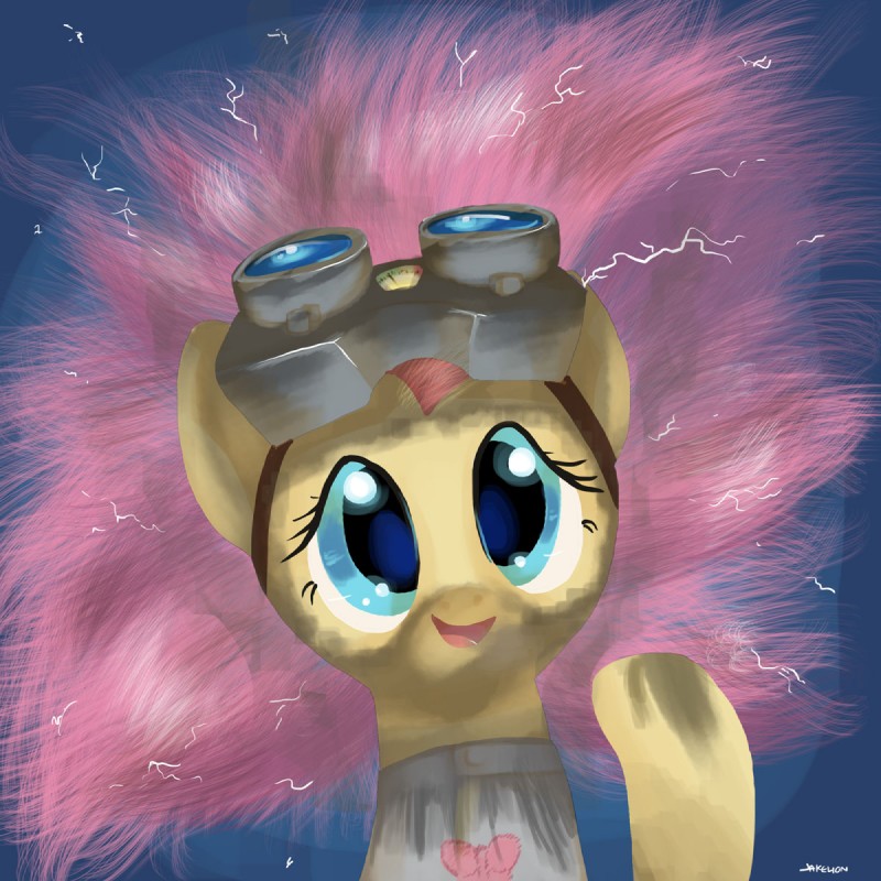 blue_background blue_eyes clothing dirty eyelashes eyewear female feral goggles hair heart_symbol looking_at_viewer mad_scientist pink_hair simple_background smile solo sparks yellow_body docwario dr._horrible's_sing-along_blog friendship_is_magic hasbro my_little_pony dr._adorable_(mlp) dr._horrible_(dhsab) fluttershy_(mlp) equid equine horse mammal pony 1:1 crossover hi_res