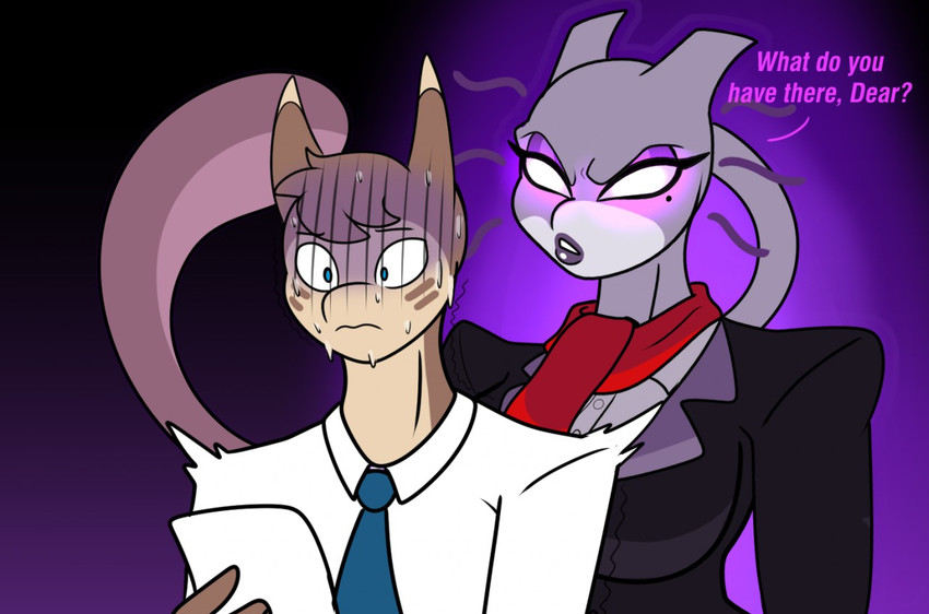 anthro anthrofied black_clothing blue_eyes bodily_fluids business_attire business_suit businesswear clothed clothing death_stare dialogue dress_shirt duo eyeshadow female glowing glowing_eyes grey_body grey_skin lipstick makeup male markings mole_(marking) necktie nervous purple_body purple_eyeshadow purple_skin purple_tail red_scarf scarf shirt suit sweat tail text topwear slash_void nintendo pokemon andrew_(crovirus) mew_tuely_(fan_character) milftwo furret generation_1_pokemon generation_2_pokemon legendary_pokemon mewtwo pokemon_(species) 2020 english_text