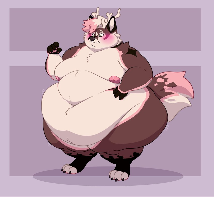 anthro belly big_belly blush brown_body brown_fur brown_tail embarrassed fur gloves_(marking) hair huge_belly leg_markings male markings moobs mouth_closed navel nude obese overweight overweight_anthro overweight_male pink_hair pink_markings pink_tail simple_background socks_(marking) solo standing tail white_body white_fur white_hair white_tail 67marshmallows holiday_(holidaysoftfox) canid canine fox mammal full-length_portrait hi_res portrait