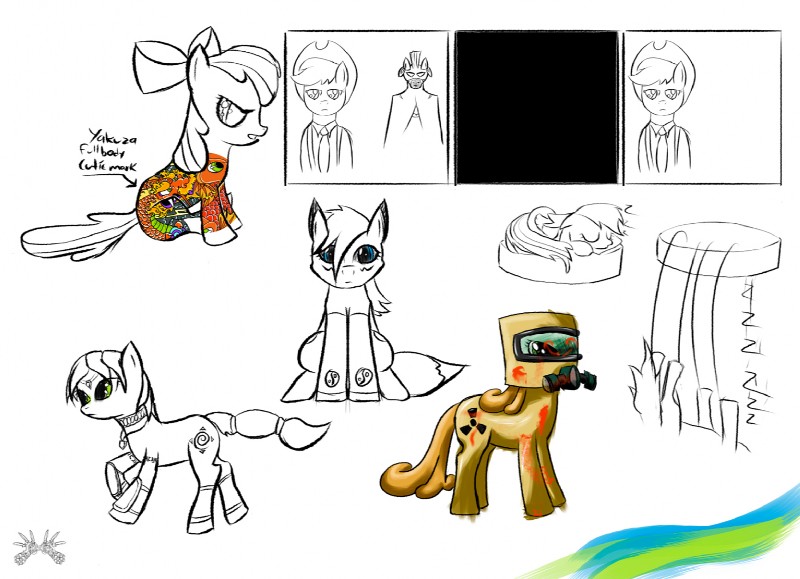 anthro blue_eyes cutie_mark female feral fur green_eyes group hair hazmat_suit quadruped tail wings freefox bandai_namco digimon friendship_is_magic hasbro my_little_pony mythology nintendo star_fox apple_bloom_(mlp) applejack_(mlp) carrot_top_(mlp) cutie_mark_crusaders_(mlp) krystal_(star_fox) rainbow_dash_(mlp) zecora_(mlp) canid canine digimon_(species) earth_pony equid equine fox horse mammal mythological_creature mythological_equine pegasus pony renamon crossover monochrome