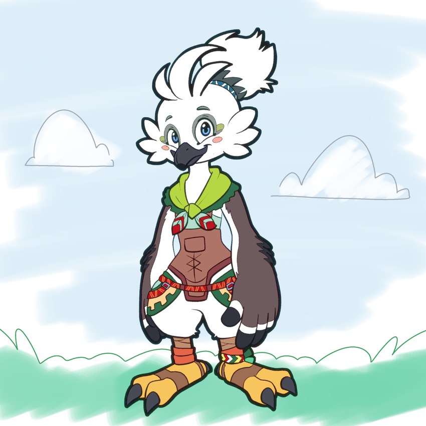 anthro beak blue_eyes claws clothing cloud feathers feet hair hair_bun talons toe_claws toes white_body white_feathers trevor-fox nintendo tears_of_the_kingdom the_legend_of_zelda tulin_(tloz) avian rito 1:1 hi_res