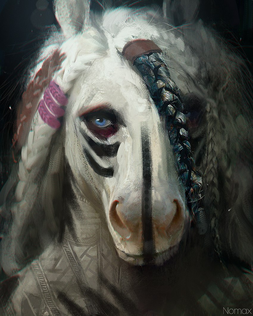 blue_eyes braided_hair fur hair looking_at_viewer male simple_background solo nomax equid equine horse mammal 2022 4:5 bust_portrait digital_media_(artwork) hi_res portrait