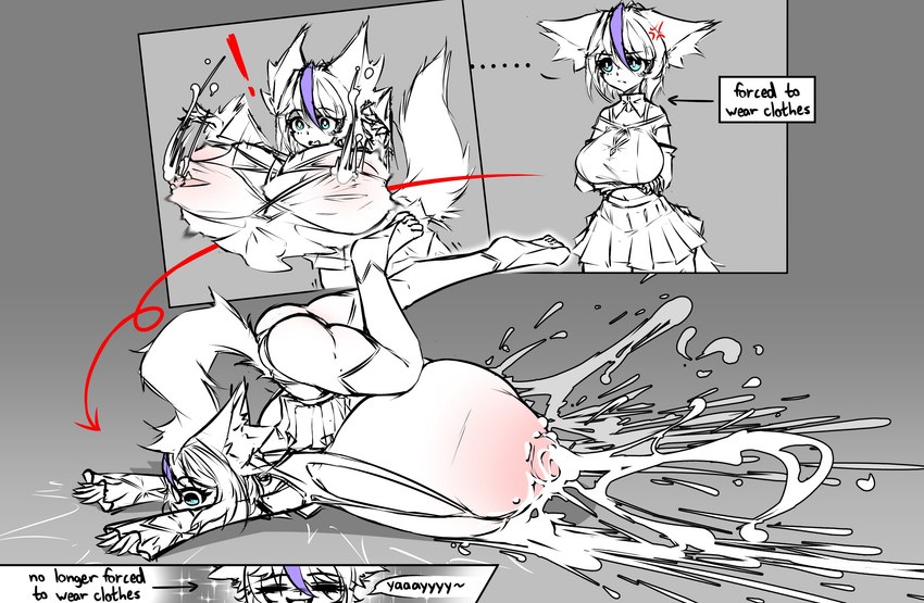annoyed arm_under_breasts ass_up big_breasts blue_eyes bodily_fluids breast_expansion breasts clothing cross-popping_vein crossed_arms directional_arrow ellipsis exclamation_point expansion female huge_breasts hyper hyper_breasts lactating milk projectile_lactation smile solo surprise text torn_clothing wardrobe_malfunction mazzlerazz unnamed_character animal_humanoid canid canid_humanoid canine canine_humanoid fox_humanoid humanoid mammal mammal_humanoid comic english_text hi_res monochrome