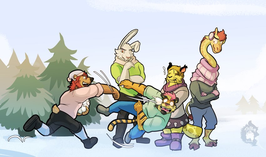 anthro clothed clothing fully_clothed fully_clothed_anthro group male male/male male_anthro scarf simple_eyes snow snowball snowball_fight thekinkybear bruno_de'marco katty_lynx ralph_gyroid sake_letigre wilson_flakes bear felid feline giraffe giraffid lagomorph leporid lynx mammal pantherine rabbit tiger absurd_res hi_res