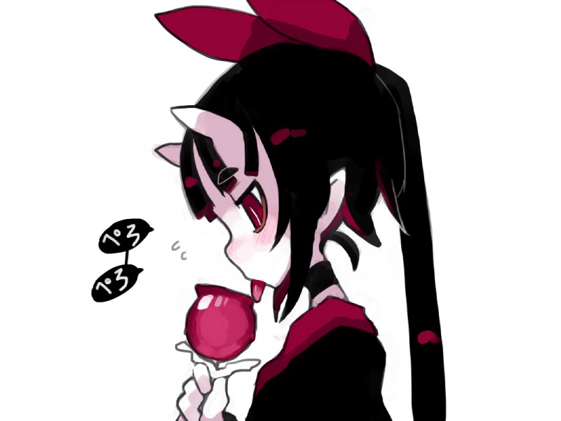 apple asian_clothing black_hair blush candy candy_apple clothed clothing dessert east_asian_clothing female food fruit hair holding_object horn humanoid_pointy_ears japanese_clothing licking not_furry plant pointy_ears red_eyes side_view solo sound_effects text tongue tongue_out white_body yukata pamagiche asian_mythology east_asian_mythology japanese_mythology mythology demon humanoid oni yokai japanese_text translated