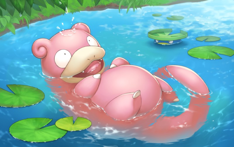 ambiguous_gender duo grass open_mouth partially_submerged plant tongue water kemokemono nintendo pokemon generation_1_pokemon generation_3_pokemon lotad pokemon_(species) slowpoke 2019