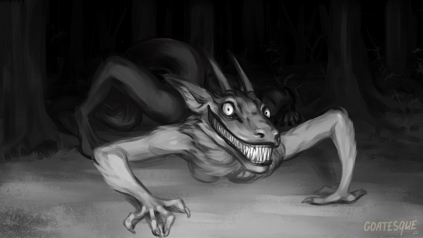 ambiguous_gender crawling creepy evil_grin horn horror_(theme) looking_at_viewer nightmare_fuel sharp_teeth smile solo teeth goatesque creepypasta synx 16:9 2020 hi_res monochrome widescreen