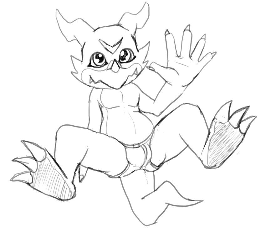 anthro briefs bulge clothing gesture horn looking_at_viewer male simple_background sitting solo underwear waving white_background balamoo bandai_namco digimon digimon_(species) scalie veemon hi_res monochrome sketch