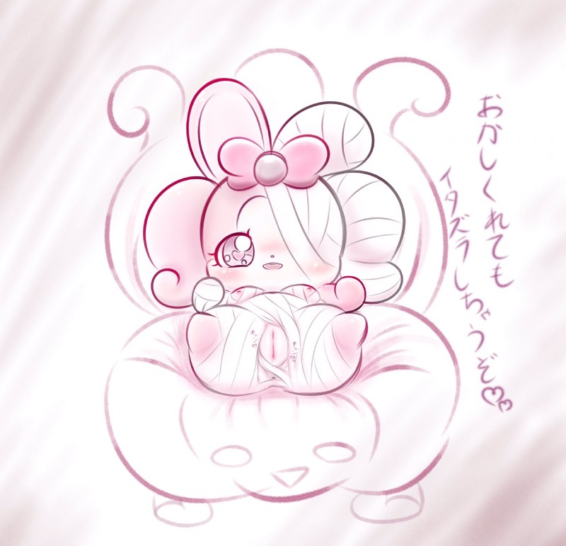 anthro bandage blush breasts dialogue female genitals heart_eyes heart_symbol looking_at_viewer nipples presenting presenting_pussy pussy solo text nyupu himitsu_no_cocotama hirake!_cocotama ribbon_(cocotama) cocotama lagomorph mammal hi_res japanese_text