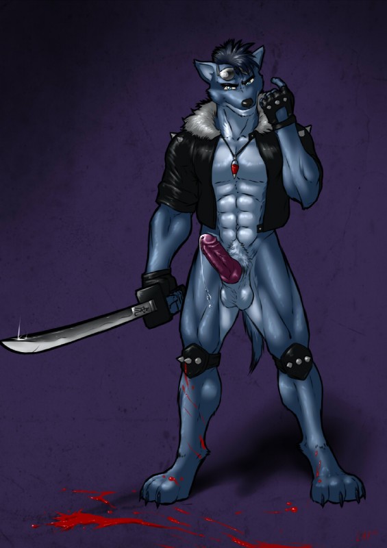 abs anthro beckoning blood blue_body blue_eyes blue_fur bodily_fluids bottomless bottomless_male clothed clothing erection eyewear eyewear_on_head fingerless_gloves fur genital_fluids genitals gesture gloves handwear jacket jewelry katana knee_pads leather male melee_weapon mostly_nude muscular muscular_anthro muscular_male necklace pecs penis precum pubes smile solo spikes sunglasses sunglasses_on_head sword topwear weapon clamories bandicoot mammal marsupial 2017 hi_res