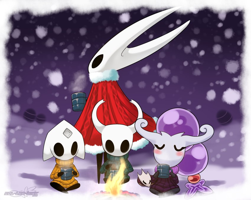 2_horns ambiguous_gender black_eyes black_legs blush container cup eyes_closed female fire forehead_gem gem group holding_container holding_cup holding_object horn on_ground sitting standing text white_head winter_clothing winter_coat sol-lar-bink hollow_knight team_cherry harrold_(latiar) hornet_(hollow_knight) the_knight_(hollow_knight) vessel_(species) 2019 5:4 artist_name digital_media_(artwork) english_text hi_res