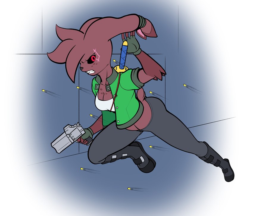 action_pose angry anthro black_sclera boots brown_body brown_fur bullet clothing female footwear freckles fur gun handgun jacket melee_weapon pose ranged_weapon red_eyes revolver shoes solo spats sword topwear weapon fourssss diamond_(fours) lagomorph leporid mammal rabbit 2024 hi_res