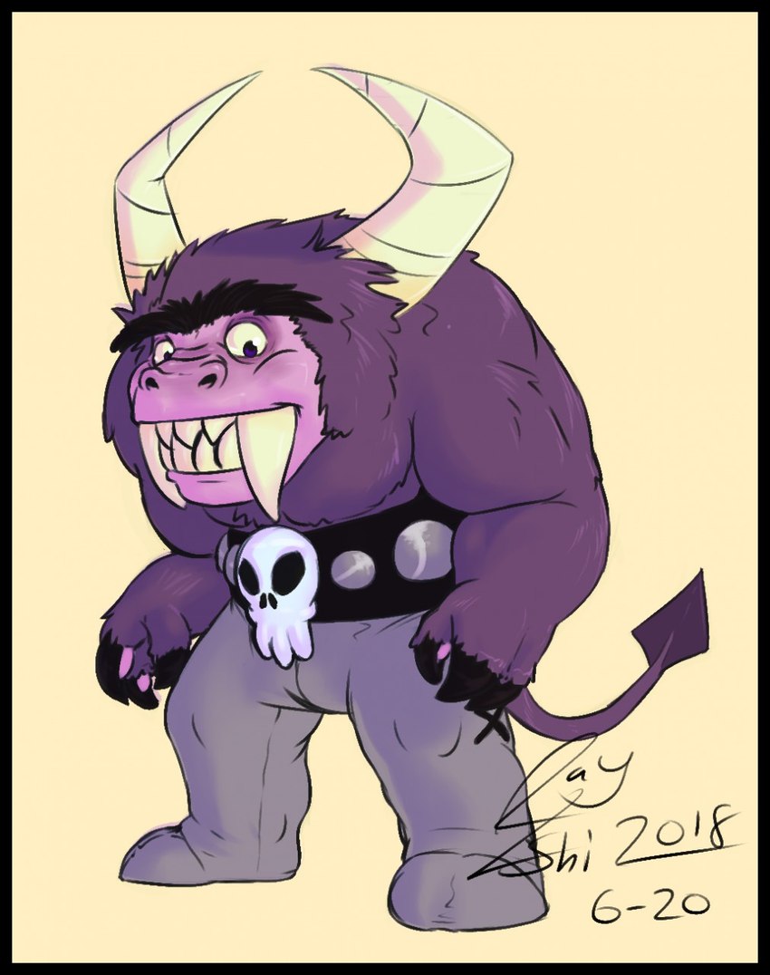 belt black_border border eyebrows fangs fur horn male purple_body purple_fur smile solo teeth unibrow ishigray cartoon_network foster's_home_for_imaginary_friends eduardo_(fhfif) bovid bovine imaginary_friend mammal monster 2018 hi_res