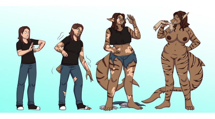 anthro base_one_layout basic_sequence big_breasts bite_mark bottomwear breasts brown_body brown_hair brown_nipples claws clothed clothed_to_nude clothing clothing_by_feet clothing_loss denim denim_bottomwear denim_clothing eating female footwear four_frame_image four_frame_sequence fully_clothed fully_clothed_to_nude gender_transformation genitals growth hair jeans linear_sequence long_hair male markings motion_lines motion_outline mtf_transformation nipples nude one_row_layout pants pussy shoes slightly_chubby smile solo species_transformation striped_markings stripes tail tail_growth torn_clothing transformation transformation_sequence rileyomalley fish human mammal marine shark 2019 sequence