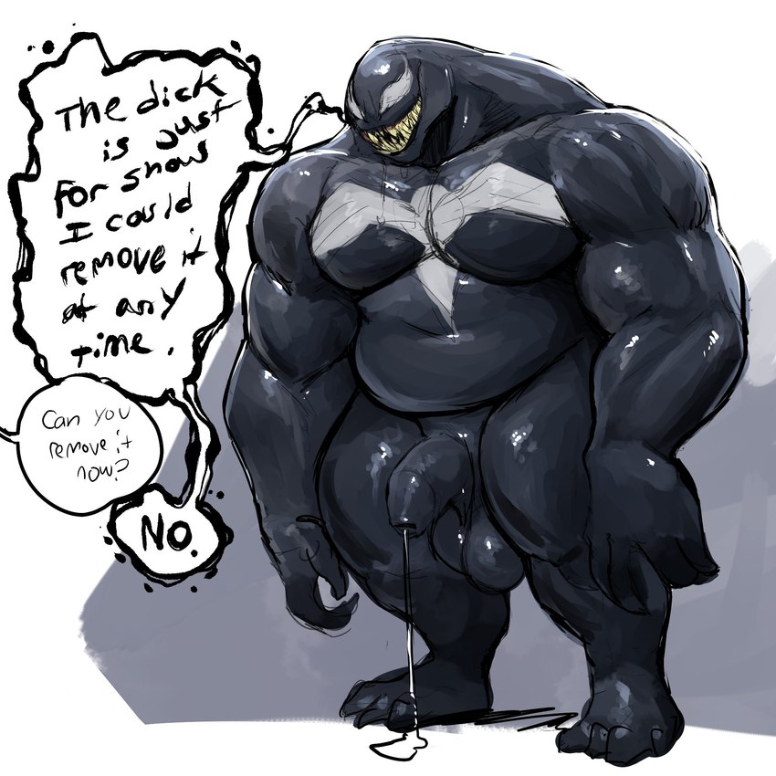 balls belly black_body bodily_fluids dialogue flaccid genital_fluids genitals male musclegut muscular muscular_male pecs penis precum simple_background speech_bubble standing azathura marvel venom_(marvel) alien humanoid symbiote 1:1 digital_drawing_(artwork) digital_media_(artwork) hi_res