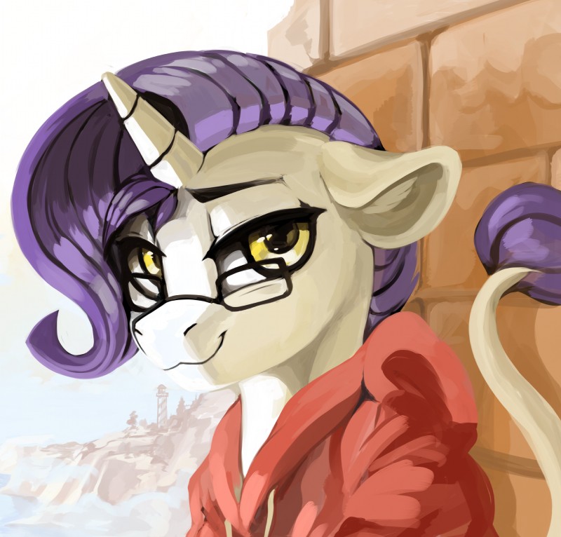 clothed clothing eyewear glasses hair hoodie horn looking_at_viewer purple_hair smile solo topwear yellow_eyes dimfann friendship_is_magic hasbro my_little_pony mythology yodi_(oc) equid equine mammal mythological_creature mythological_equine unicorn 2019 absurd_res digital_media_(artwork) hi_res