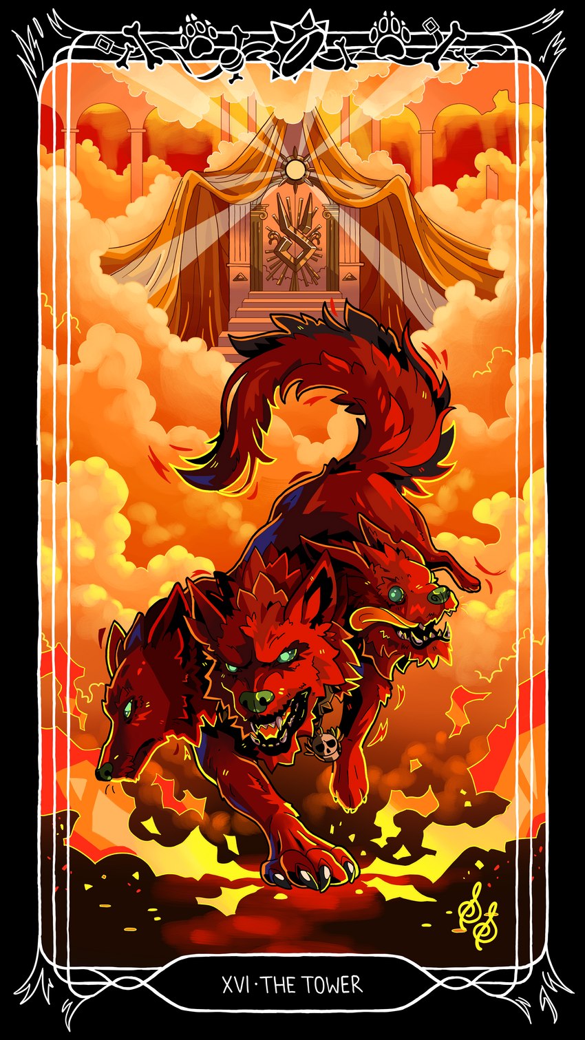 3_heads ambiguous_gender art_nouveau card card_template feral fortune_telling fur green_eyes green_nose major_arcana multi_head red_body red_fur solo tarot tarot_card the_tower_(tarot) tongue tongue_out charlatan-of-doom european_mythology greek_mythology hades_(game) mythology supergiant_games cerberus_(hades) canid canid_demon canine cerberus demon hellhound mammal mythological_canine mythological_creature 4k 9:16 absurd_res hi_res