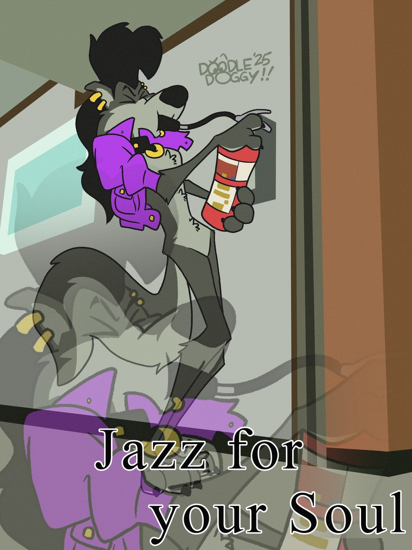 eyes_closed fire_extinguisher male solo toony doodledoggy jazz_for_your_soul stanley_(doodledoggy) canid canine canis mammal wolf hi_res